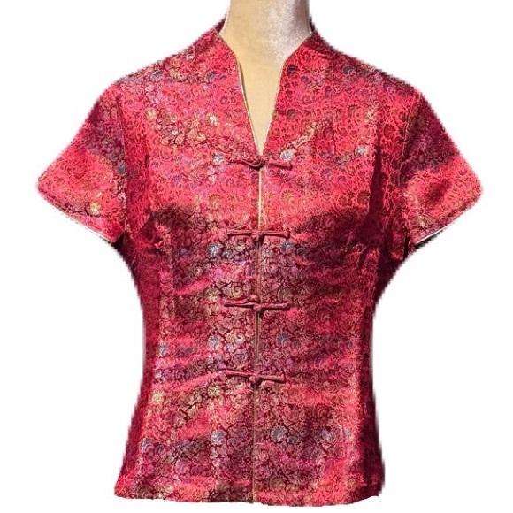 Traditional Womens Chinese Asian Summer Blouse Shirt Red Floral Frog Closure - Picture 6 of 9